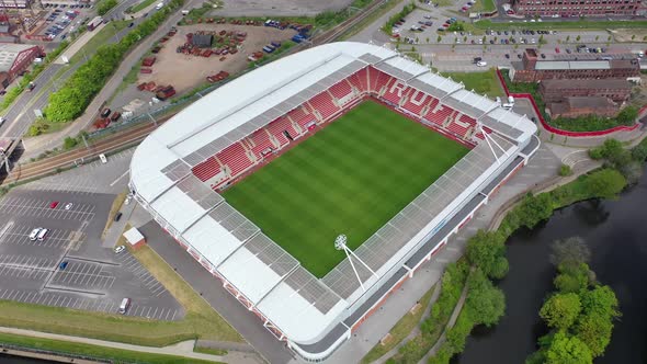 Aerial footage of the AESSEAL New York Stadium home of the Rotherham United Football Club in the UK