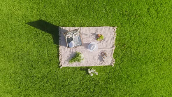 Aerial  Top Down Footage Stylish Picnic Blanket with Basket Flowers White Hat