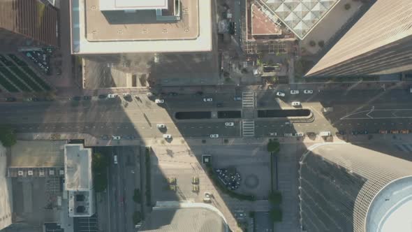 AERIAL: Slow Uplifting Birds Eye View Flight Over Downtown Los Angeles California Grand Avenue in