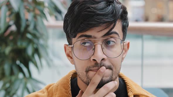 Male Portrait Pensive Puzzled Young Confident Indian Man Immersed in Thoughts Remembers Searching