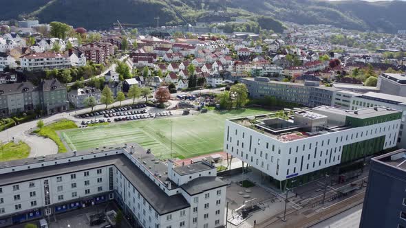 Aarstad school and soccer field at Danmarksplass - Bergen Norway aerial