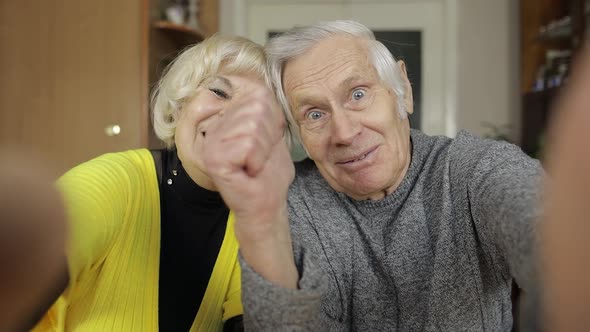 Pretty Mature Senior Couple Grandparents Making Video Call Message at Home