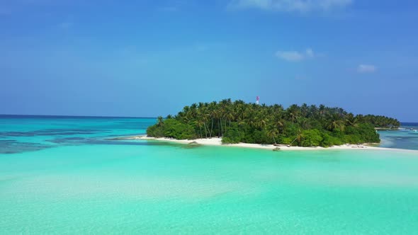 Aerial top down panorama of beautiful sea view beach holiday by turquoise lagoon and white sand back