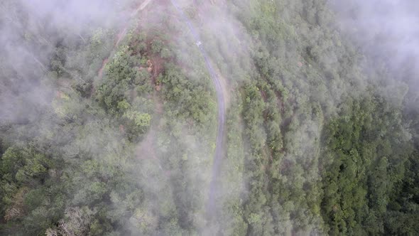 Aerial view asphalt path in low fog cloud