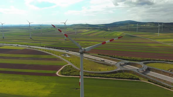 Aerial View of Wind Turbines Farm in Field. Austria. Drone View on Energy Production