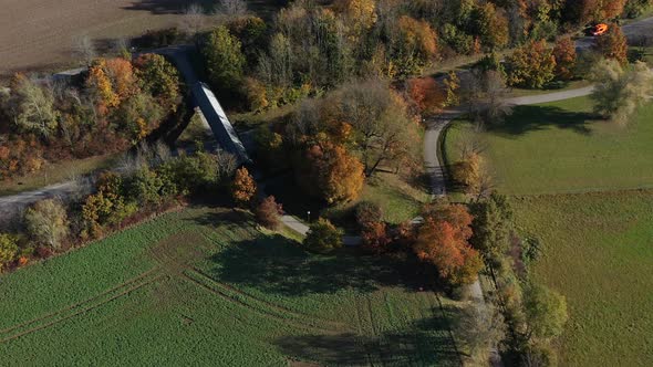 View at colorful trees in the fall season with driving cars at the street nearby, high angle view fr