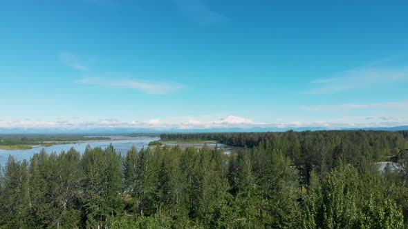 4K Drone Video of Susitna River with Denali Mountain in Distance on Alaska Summer Day