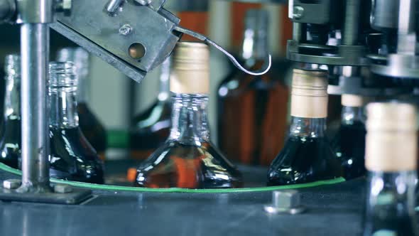 Factory Conveyor Is Sealing Bottles Alcohol