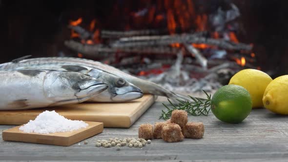 Wooden Board Full Ingredients for Preparing Mackerel Fish on the Grill