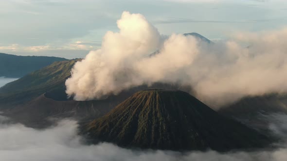 Aerial Shot of Mountain Bromo Active Volcano Crater in East Java Indonesia
