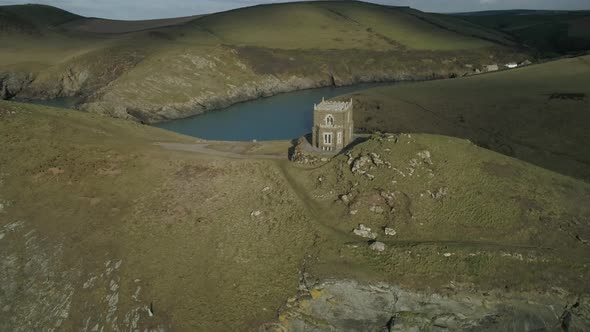 Aerial view of Doyden Castle and the coastline near Port Quin in north Cornwall