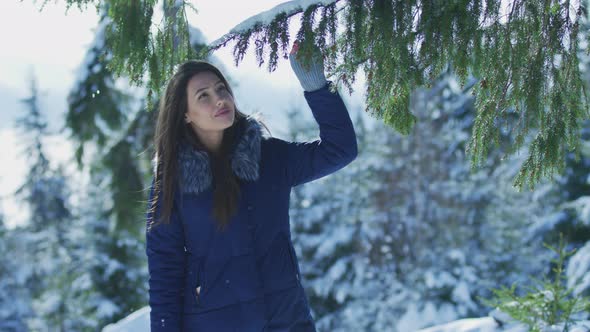 Girl and a snowy branch alt