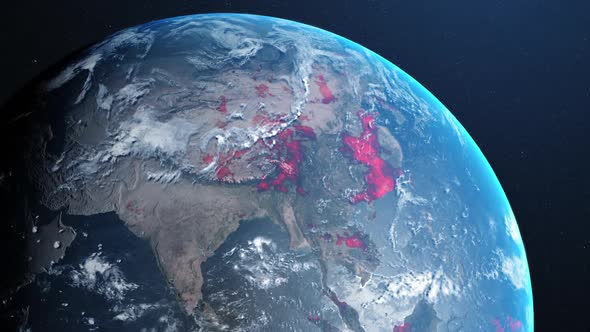 Animation of the planet earth spinning around and countries turning red through circles