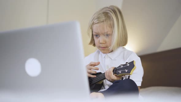 Distance Learning Online Education. A Preschool Boy Learning To Play the Ukulele on Laptop at Home