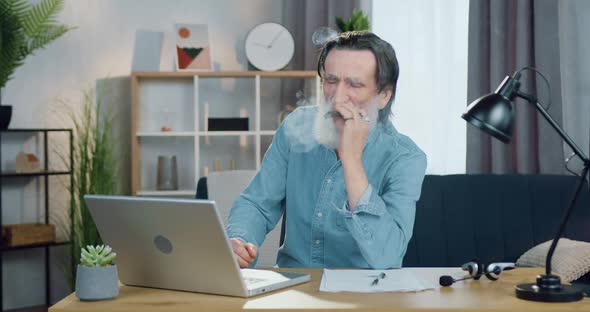 Bearded Man Working on Computer in Contemporary Living-Room and Enjoying of Smoking a cigar