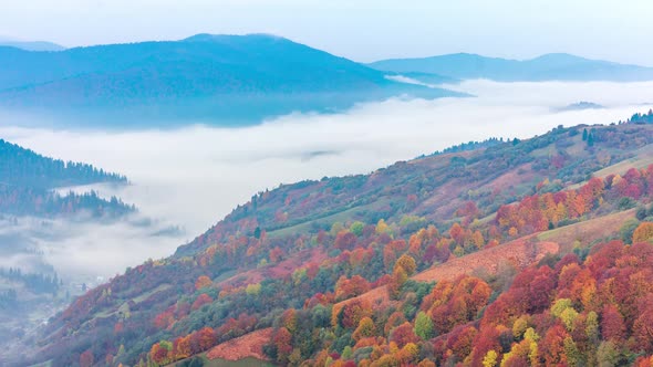 Morning Mist Over the Valley Among the Mountains in the Sunlight. Fog and Beautiful Nature of