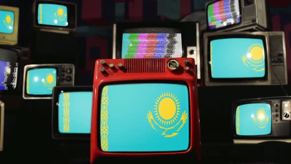 Kazakhstan flags and retro Televisions.