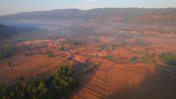 Aerial view of farmers farmland in dry season. beautiful scenery in the morning