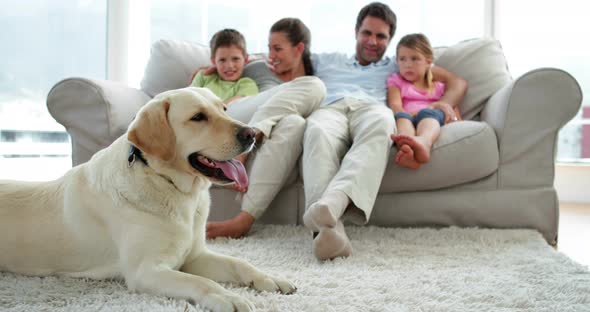 Cute Family Relaxing Together on the Couch with their Dog on the Rug