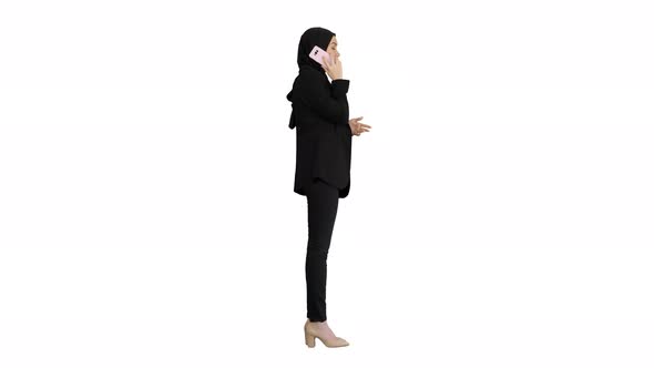 Arabic Business Woman Wearing Hijab Speaking on the Phone on White Background