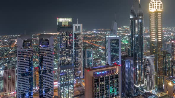 Skyline of the Buildings of Sheikh Zayed Road and DIFC Aerial Night Timelapse in Dubai UAE