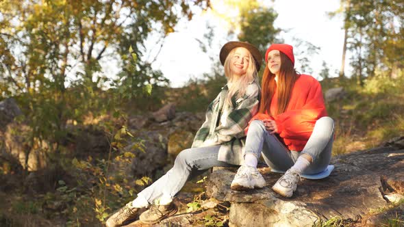 Two Happy Female Travellers Enjoy in Nature.