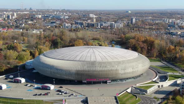 Drone approaching Tauron Arena hall in Krakow, Poland