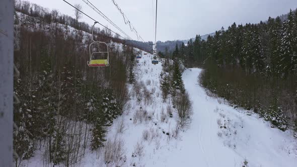 High View From the Ski Lift Above the Forest Path in the Beautiful Carpathian Mountains