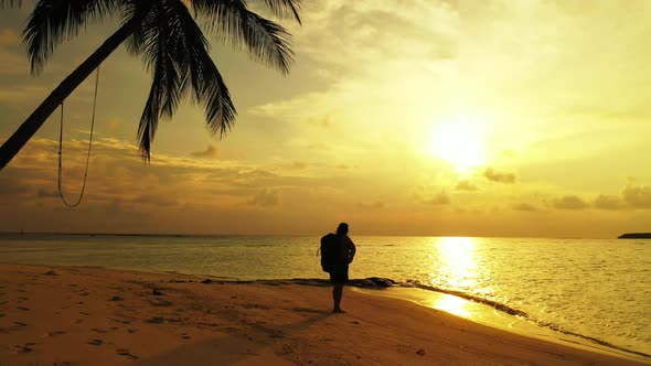 One girl tanning on beautiful bay beach adventure by turquoise sea with white sandy background of th