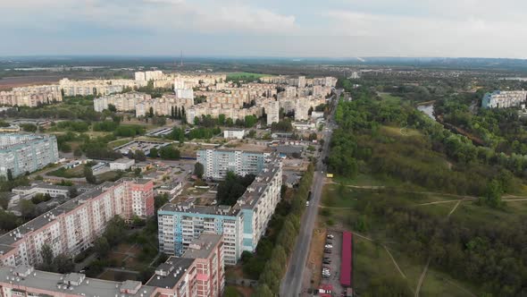 Aerial Panorama on Dwelling Blocks with Multistory Colorful Buildings at Nature