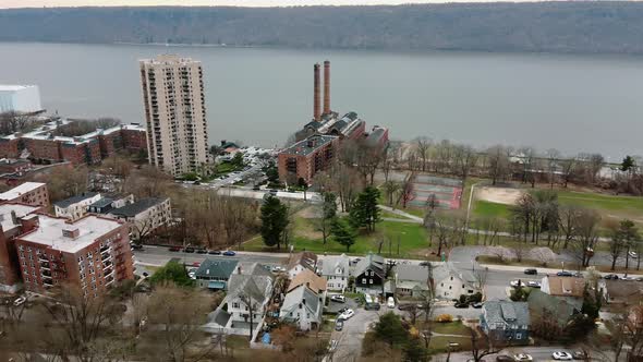 Aerial Views Flight Oewr Neighborhood Houses in the Suburbs and an Old Power Plant of Yonkers, New