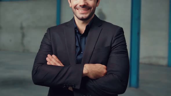 Portrait Confident Factory Manager Wearing Suit and Safety Helmet