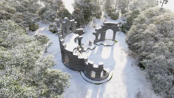 Historical building in the middle of the forest when it snows