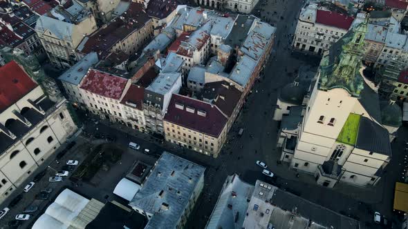Aerial View of Winter Lviv City on Sunset