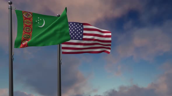 Turkmenistan Flag Waving Along With The National Flag Of The USA - 4K