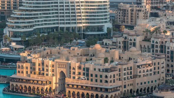 Dubai Downtown with Fountains Area Near Mall and Souk Timelapse