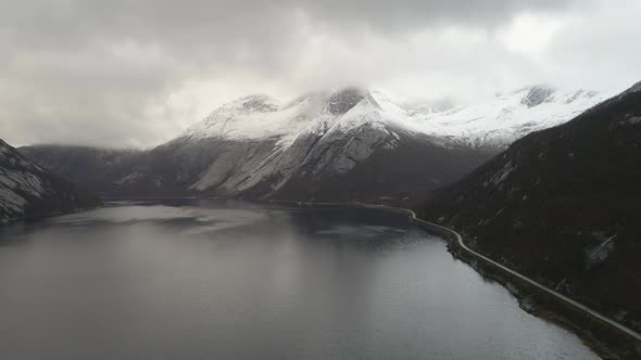 Snowy Stetind National Mountain From Tysfjorden During Winter, Norway. - aerial