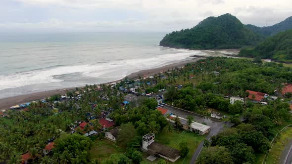 Suwuk beach in Kebumen, Indonesia. Aerial forward