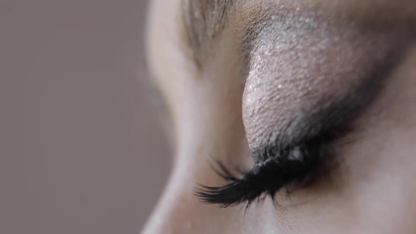 Green Eyes of Young Woman with Professional Trendy Makeup Closeup Side View