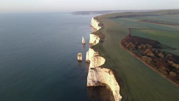 Verdant landscape on Old Harry Rocks cliff, Purbeck Island in Dorset. Aerial forward