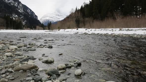 Winter Cold River Teberda in the Protected Area Dombay