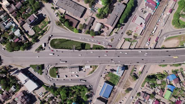 Aerial Top Down View of Road Bridge with Traffic Road Infrastructure