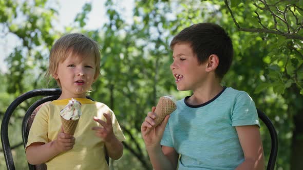 Happy Childhood Cheerful Male Children Enjoy Sweet Tasty Cool Dessert and Rub Each Other's Nose with