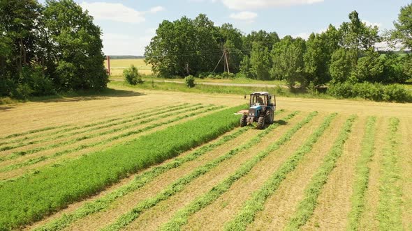 Tractor cuts green grass in the countryside.