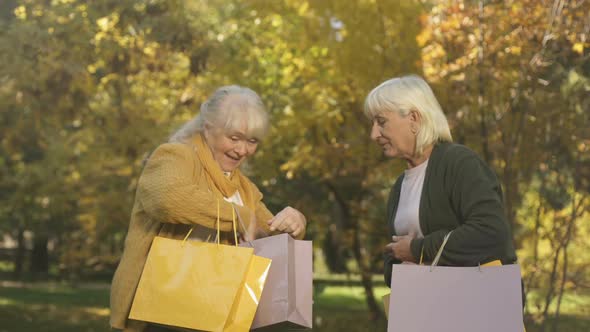 Two Positive Senior Women Meeting Showing Purchases After Shopping, Discounts