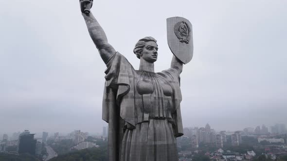 Symbol of Kyiv, Ukraine: Motherland Monument. Aerial View, Slow Motion. Kiev