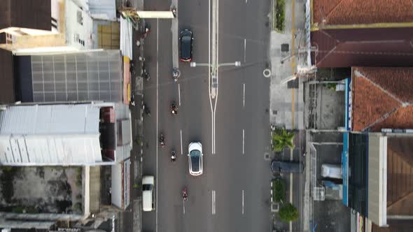 Aerial view of traffic road in Yogyakarta with busy traffic.