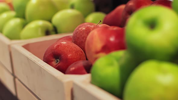 Fresh Farm Fruits Green and Red Apples are in Drawer Box on Shelf in Store Shop