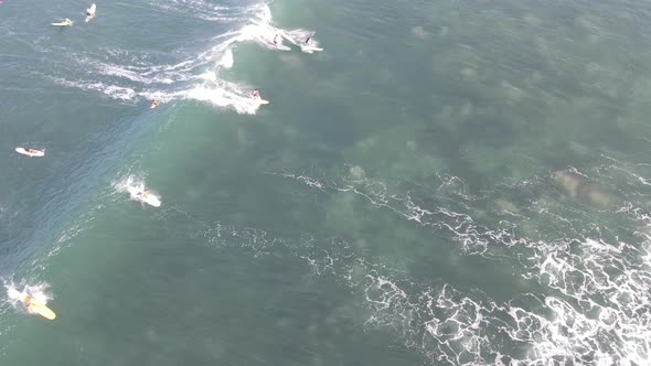 Aerial view of people surfing on waves with surfboards when vacation in Bali, Indonesia .