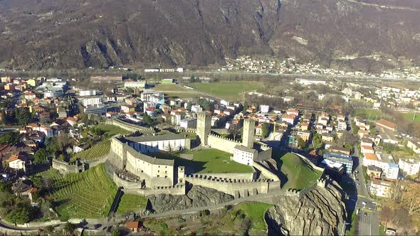 Aerial view of Bellinzona Castelgrande, Ticino Switzerland